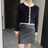 Women Cardigan Sweater Autumn Sweater round Neck Short Button Black and White Cardigan X3005