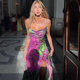 Women Dresses Autumn Printed Slim Fit Slit Backless Sling Dress