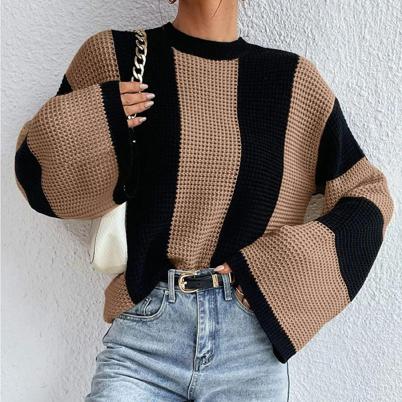 Women Knitted Sweater Spring and Autumn Knitted Sweater Top round Neck Striped Coat