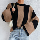 Women Knitted Sweater Spring and Autumn Knitted Sweater Top round Neck Striped Coat