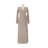 Women Dresses V-neck Bow Long Sleeve Dress