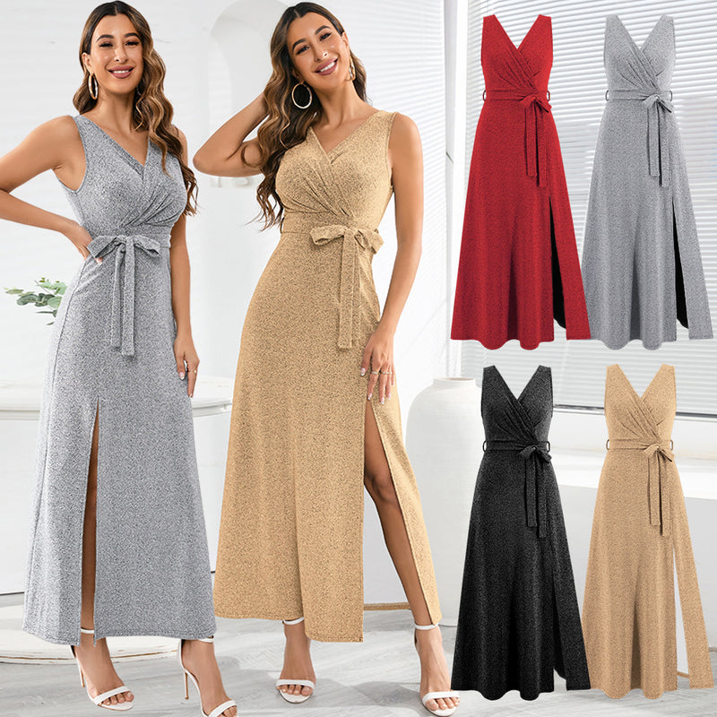Women Date Dress Sexy Sleeveless V-neck Slit Slim Fit Long Dress