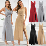 Women Date Dress Sexy Sleeveless V-neck Slit Slim Fit Long Dress
