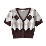 Women Sweater Knitwear V-neck Tight Waist Diamond Plaid Knitted Cardigan Single-Breasted Short Sleeve Top