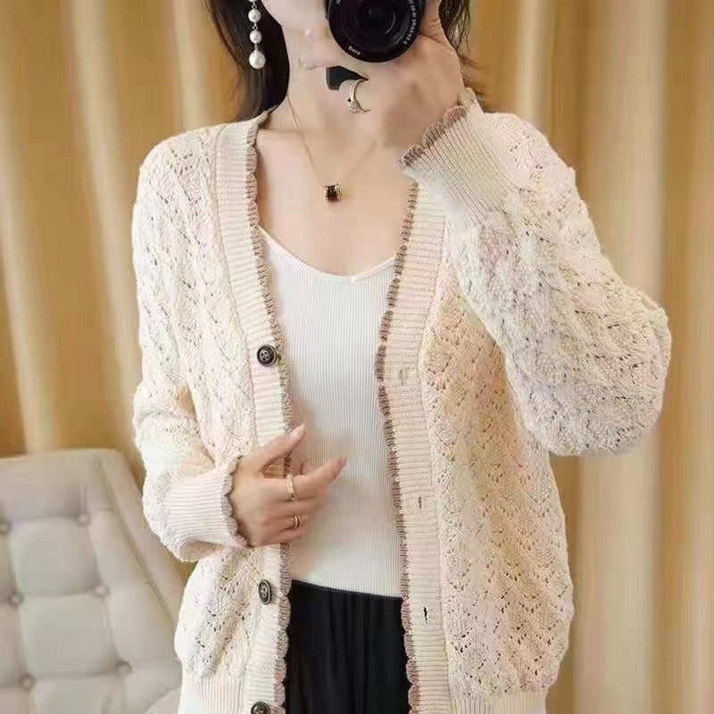 Women Knitwear Spring and Autumn Hollow Knitted Cardigan Loose Casual V-neck