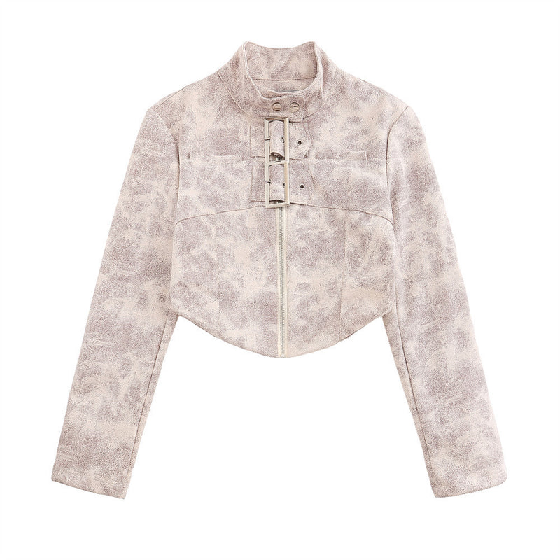 Women Jacket Leather Short Coat Leather Clothing with Stand Collar Jacket