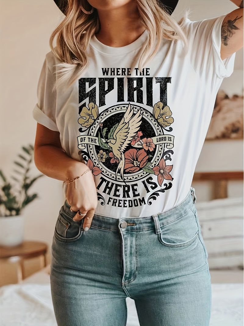 Spirit Bird & Letter Print Crew Neck T-Shirt, Casual