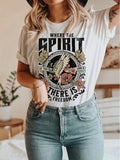 Spirit Bird & Letter Print Crew Neck T-Shirt, Casual