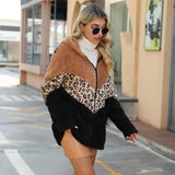 Women Trench Coat Autumn and Winter Long Sleeve Hooded Leopard Print Zipper Colorblock Mid-Length Double-Sided Fleece Jacket