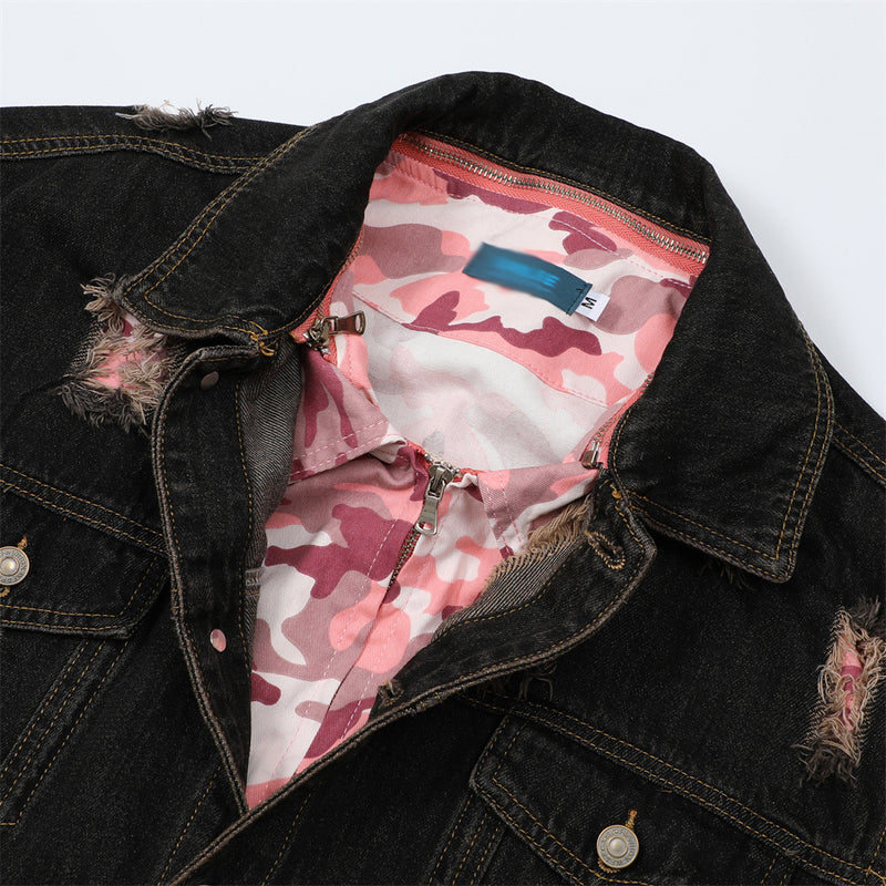 Men Jacket Coat Men's Loose Hole Denim Camouflage Coat
