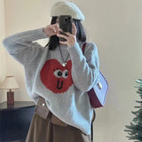 Women Knitted Pullover Heart Smiling Face Embroidery round Neck Sweater Autumn and Winter Loose Knitwear