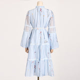 Women Dresses Spring Lantern Sleeve Embroidery Voile High Waist Dress (Qymy0409)