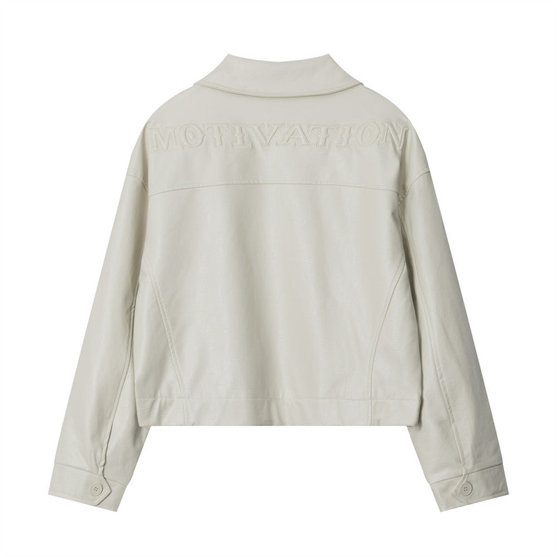 Women Jacket Leather Clothing with Stand Collar Coat Autumn Casual Loose Embroidered Button Biker's Leather Jacket
