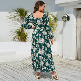 Women Date Dress Autumn Winter Sexy Long Sleeve V-neck Lantern Sleeve Backless Floral Long Tie Dress