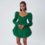 Women Dress Green Satin Waist Princess Dress Women Elegant Puff Sleeve Dress