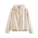 Women Jacket Autumn and Winter Faux Fur Hooded Zipper Jacket Short Coat