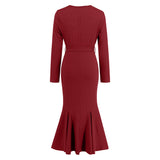 Women Date Dress Knitted Long Sleeve V-neck Lace-up Fishtail Skirt