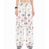 Men Sweatpants Full Printed Five-Pointed Star Cat Printing Casual Trousers Loose Cargo Pocket Straight-Leg Trousers