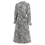 Women Date Dress Leopard Print Stud for Autumn and Winter Stand Collar Long Sleeve Dress Pleated Dress
