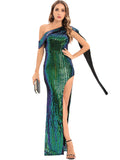Women's Evening Gown Sexy Backless One-Shoulder Ribbon Sequins Dress Evening Dress