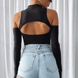 Women Jumpsuit Hollow out Autumn and Winter Turtleneck Long Sleeve Backless off-Shoulder Top