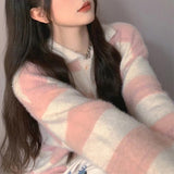 Women Knitwear Autumn and Winter Striped Polo Collar Knitwear Loose Knitted Cardigan