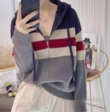 Women Knitwear Spring and Autumn Zipper Hooded Sweater Loose Knitted Cardigan