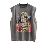 Men Vest Retro Abstract Floral Print Distressed Sleeveless T-shirt