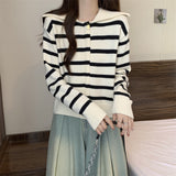 Women Knitwear Fall and Winter Lapels Striped Sweater Loose Knitted Cardigan