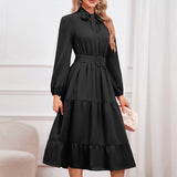 Women Date Dress Stand-up Collar Bowknot Dress Autumn and Winter