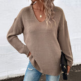 Women Knitted Sweater Autumn and Winter Long Sleeve Solid Color and V-neck Sweater