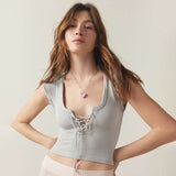 Women T-shirt Summer Square Collar Bare Midriff Slim Fit T-shirt Top