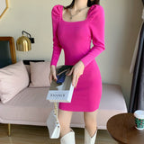Women Maxi Dress Fall/Winter Square Collar Puff Sleeve Hip Knitwear Dress