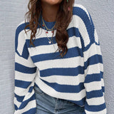 Women Knitted Sweater Striped Sweater round Neck Pullover Loose Casual Sweater
