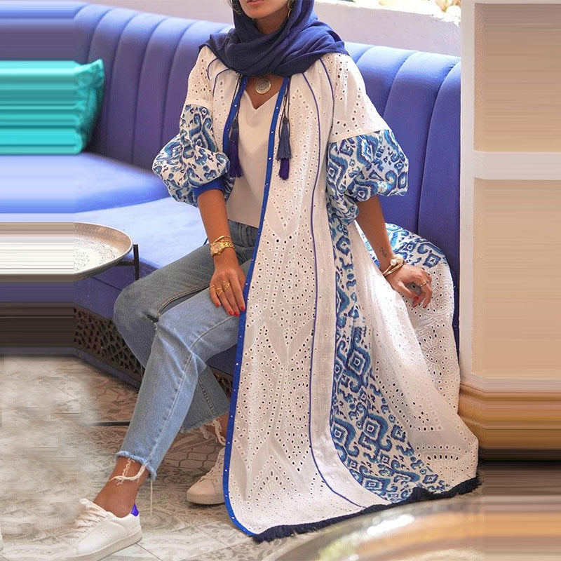 Women Trench Coat Summer Cardigan Lantern Sleeve Printed Long Shirt