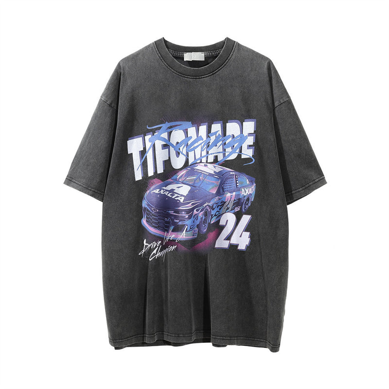 Men Vintage T-Shirt Racing Printed Washed and Worn Short Sleeve T-shirt