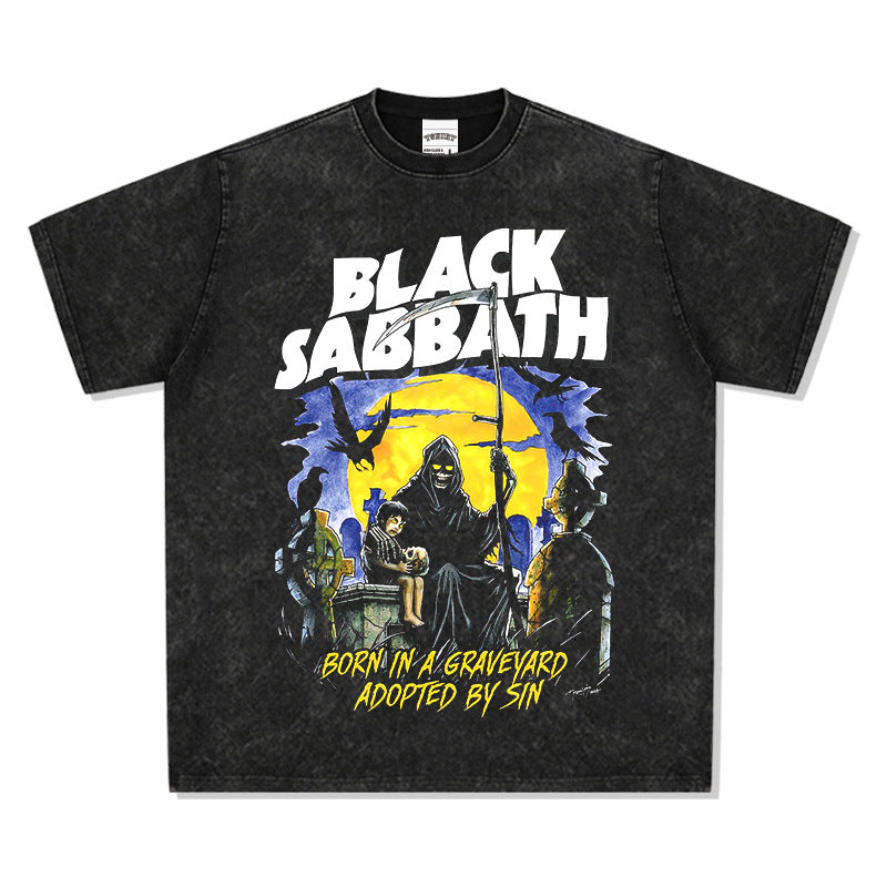 Mens Vintage Rock Band T-Shirt BLACK SABBATH Printed Short Sleeve T-Shirt Loose VINTAGE