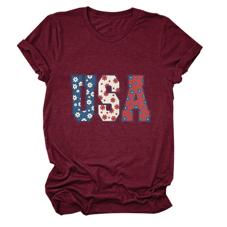 T-shirt usa flower print personalized short-sleeved top