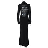 Women Dresse Long Sleeve Stand Collar Hip Skirt Sexy Cutout Backless Dress