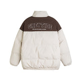 Unisex Winter Cotton Coat Retro Patchwork Contrast Color Stand-up Collar Letter Warm and Loose Cotton Jacket