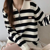 Women Knitwear Autumn and Winter Striped Zipper and Lapel Knitwear Style Sweater