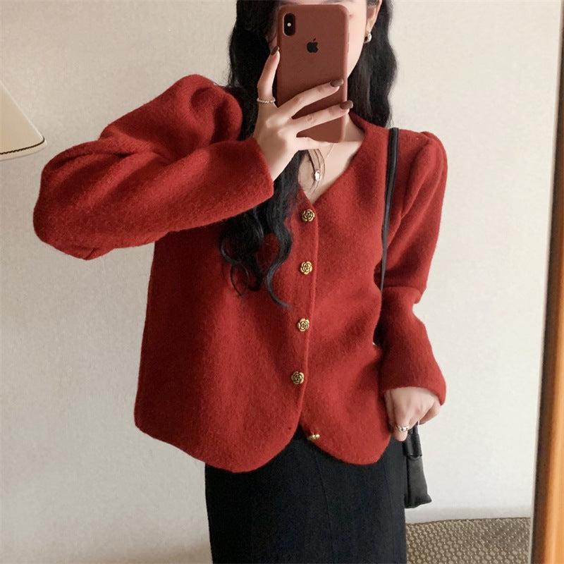 Women Knitted Cardigan Vintage Rose Buckle Knitted Cardigan Loose Sweater Coat