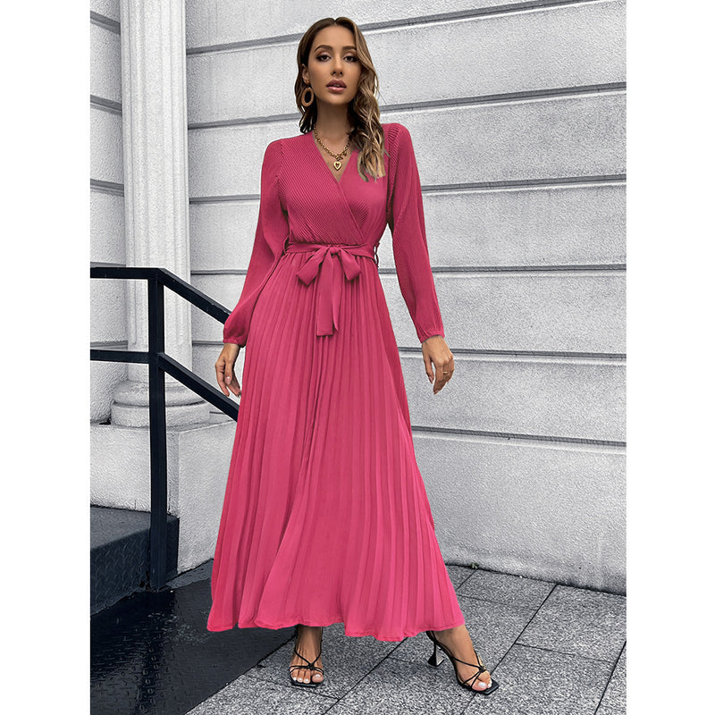 Women Date Dress V-neck Long Sleeve Pleated Dress