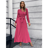 Women Date Dress V-neck Long Sleeve Pleated Dress