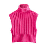 Women Sweater Knitwear Autumn Turtleneck Slim Fit Short Sleeveless Threaded Vest