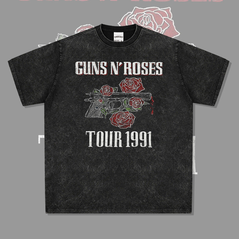 Men Vintage Rock Band T-Shirt Short Sleeve T-Shirt Rock Band Vintage Washed Old