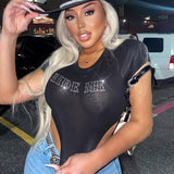 Women T-shirt Summer round Neck Short Sleeves Short Letters Bare Midriff Slim Fit T-shirt