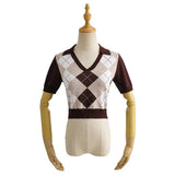 Women Sweater Knitwear Vintage Polo Shirt Short Sleeve Women's Summer Rhombus Contrast Color Knitwear Short T-shirt