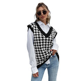 Women Knitted Sweater Autumn Loose Houndstooth V-neck Knitted Vest Women