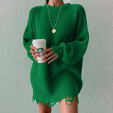 Ladies Leisure Knitwear Loose Solid Color Ripped Sweater round Neck Pullover Long Sleeve Sweater